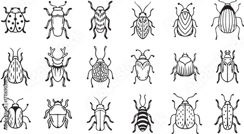 Insect Bugs Vector Set – Beetle, Ant, Termite, Cockroach, Mosquito, Fly, Outline, Black, Creepy, Pest Control, Wildlife, Nature, Zoology, Infestation, Symbol, Biology, Entomology, Illustration