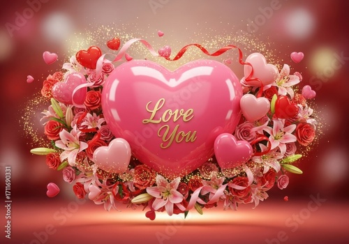 Beautiful pink heart balloon surrounded by flowers and smaller hearts on a romantic red background