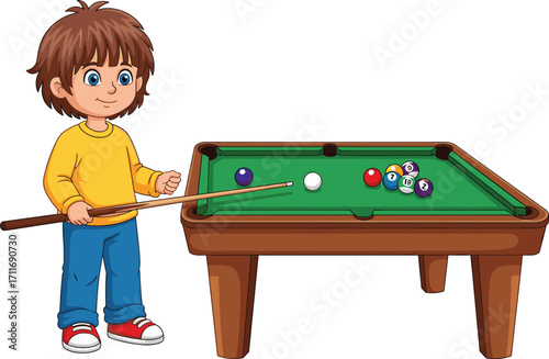 Cartoon boy playing pool, child with cue stick and billiard table, fun indoor game illustration, kid hitting balls, vector image on white background.