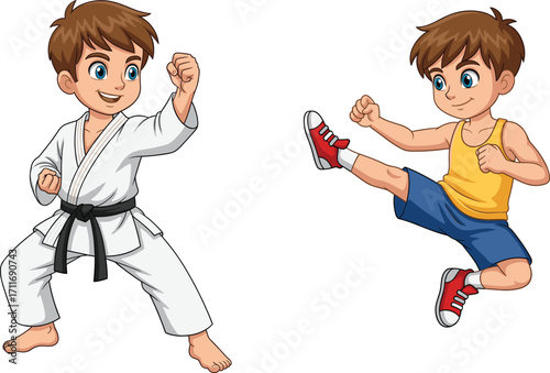 Cartoon boys doing martial arts, karate and kicking poses, children practicing self-defense, vector illustration of active kids, sports training, fighting stance animation