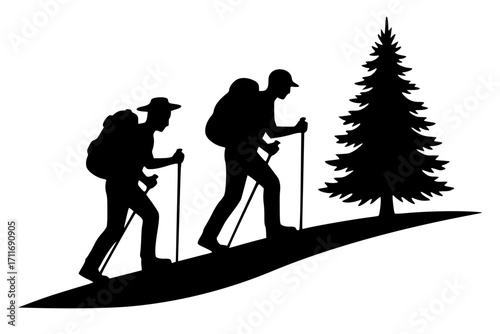 Two Tourists with Backpacks Hiking Up a Hill, Hiking SVG, Outdoor SVG, Adventure SVG, Trekking SVG