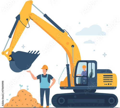 Yellow excavator and two construction workers on site. Ideal for construction, industrial, teamwork, and machinery concepts in design projects.