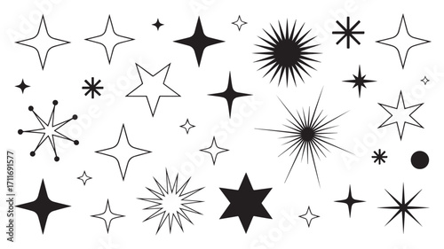 Collection of black and white starburst and star shapes perfect for adding sparkle and shine to any design project representing brightness celebration and joy