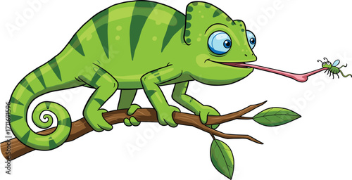 Cartoon chameleon catching insect with long tongue, sitting on tree branch, colorful lizard illustration, reptile character, funny animal design, wild jungle forest wildlife