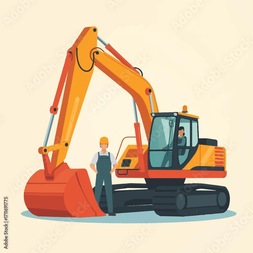 Construction worker by yellow excavator, ready for work. Suitable for construction, industrial, and engineeringrelated projects, websites, and presentations.