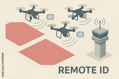 Vector illustration of drones with remote ID signals connected to control tower highlighting regulated airspace monitoring and identification.