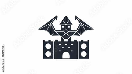 A geometric castle with a dragon above it, featuring polygonal wings and a stylized fortress design element silhouette