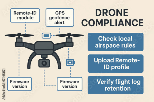 Vector illustration of drone compliance checklist showing geofencing alerts, remote ID module, firmware version, and airspace rules overview.