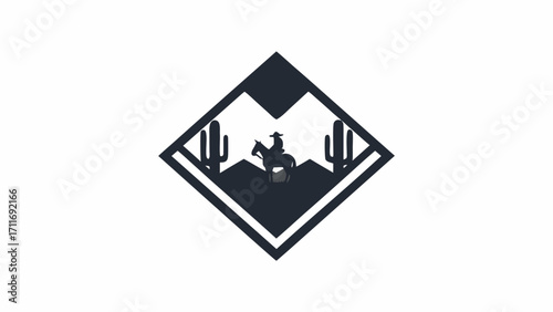Silhouette of a cowboy riding a horse between cacti and mountains inside a diamond shaped frame design