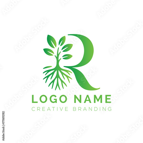 Eco-friendly letter r logo with tree and roots for branding