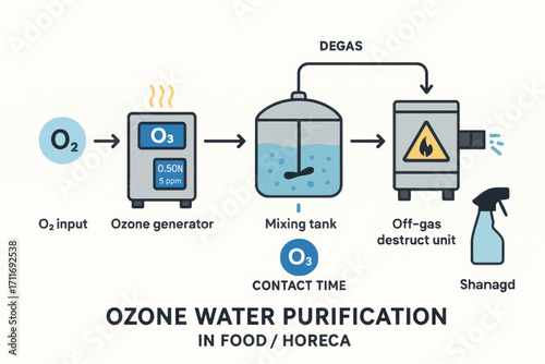 Vector infographic showing ozone water purification process with generator, mixing tank, off-gas unit and clean water output.