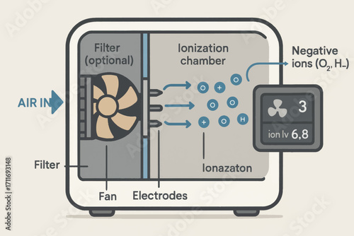 Vector diagram of air ionizer process with chamber, electrodes, negative ions, and allergen neutralization system for air purification.