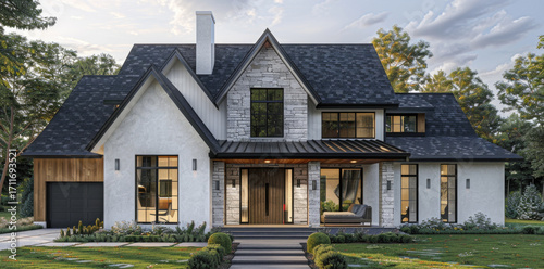 Modern home design with stone accents and lush landscaping in a serene residential setting