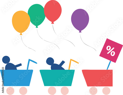 Joyful shopping cart characters celebrating a sale with colorful balloons and a percentage discount sign symbolizing retail fun and savings