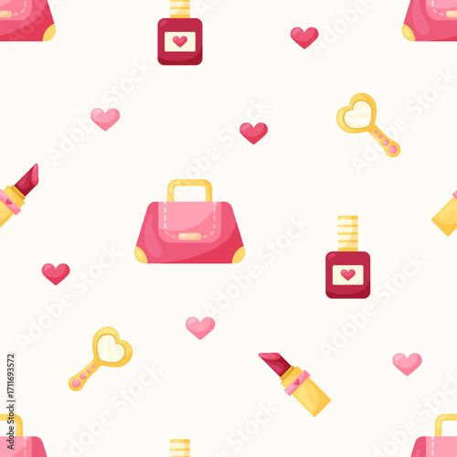 Seamless pattern with ladies bag and lipstick on beige background. March 8 Women's Day. Vector illustration.