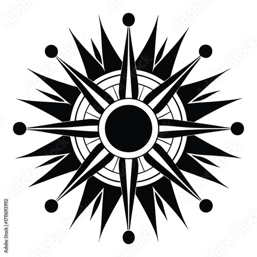 Striking black and white graphic illustration of a stylized compass rose with sharp points and a central dark circle evoking direction and navigation