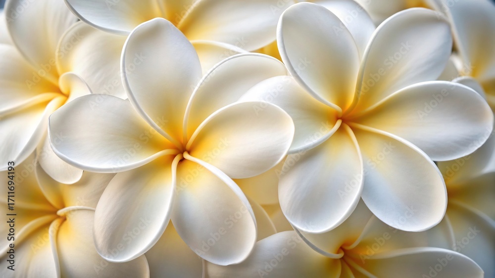 Fototapeta premium A closeup of delicate white plumeria flowers, showcasing their soft petals and subtle yellow centers in a floral display
