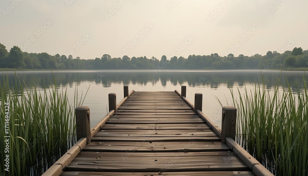 Obraz premium tranquil wooden pier extending into calm lake surrounded by marshy plants and distant treeline