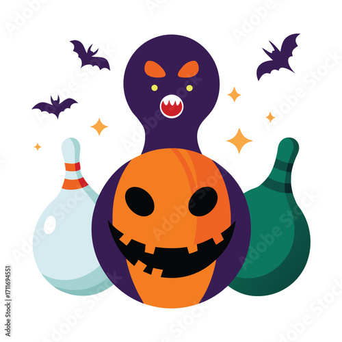 Spooky halloween bowling pins with a carved pumpkin face and a menacing purple monster character surrounded by flying bats and sparkling stars