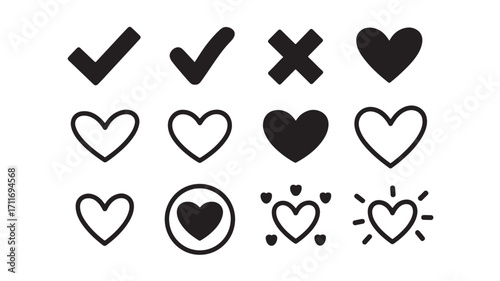 Collection of heart and checkmark icons perfect for app design website UI and social media representing love approval and user interaction