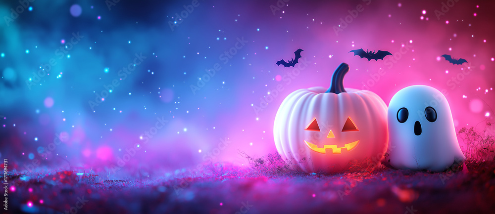 Fototapeta premium Cute Ghosts and Pumpkins on Neon Background