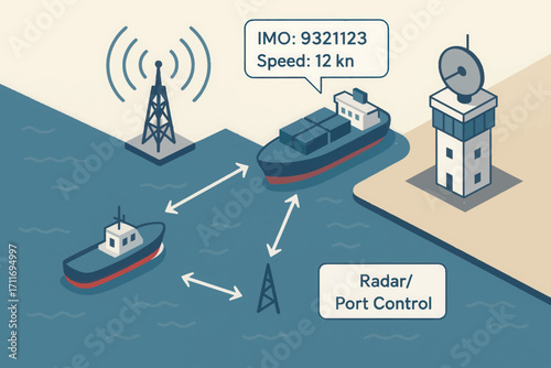 Vector illustration of AIS coastal monitoring station communicating with vessels showing identification, speed, and maritime tracking system.
