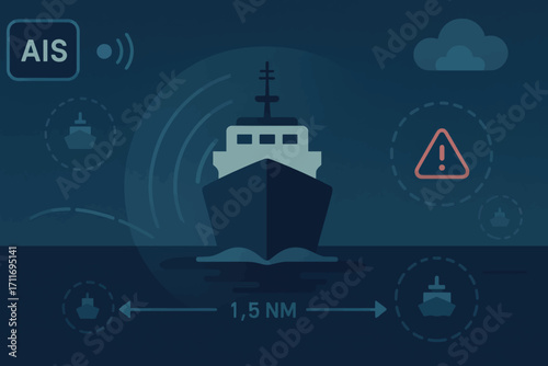 Vector maritime safety illustration of AIS vessel detection system with collision warning and distance measurement for night navigation.