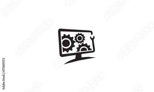 Vector icon concept of computer repair and technical support, featuring a monitor with gears and a wrench for system settings and maintenance