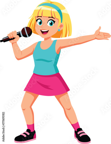 Cartoon girl singing with microphone, young female performer character, music concert concept, energetic stage pose, fun children’s illustration, isolated on white background vector