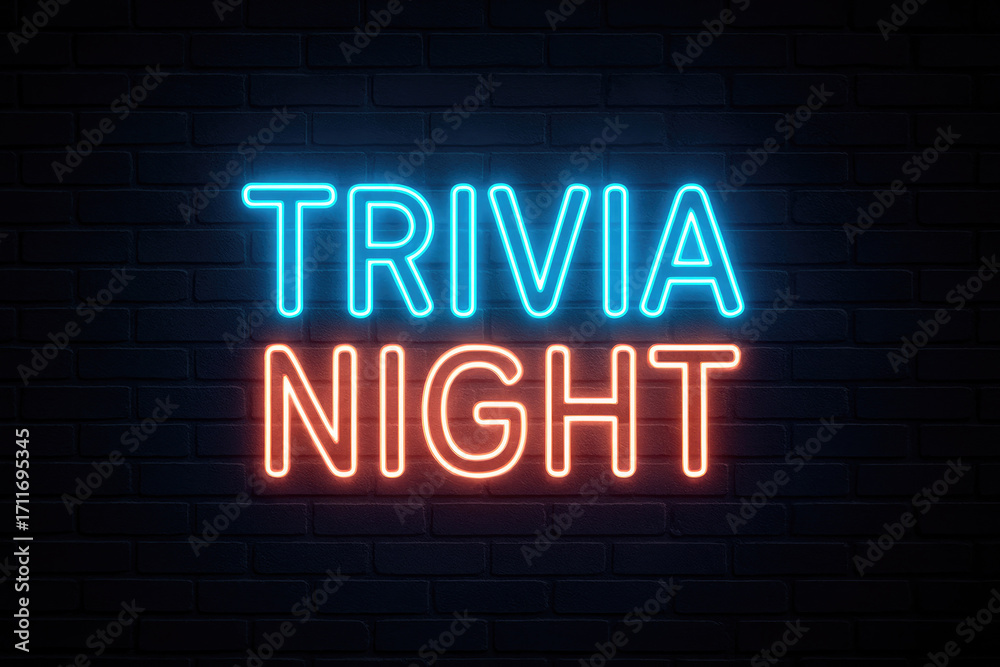 Fototapeta premium Blue and Red Neon Sign Reads TRIVIA NIGHT Against Dark Brick Wall trivia night