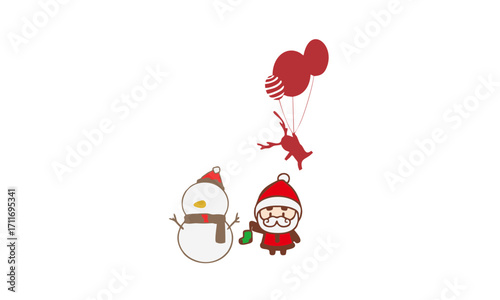Festive Christmas Characters A Jolly Snowman and Santa Claus with Balloons on White Background