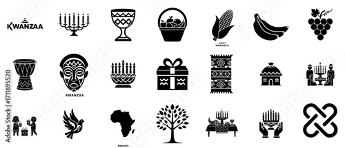 Icon on transparent background for celebrating Kwanzaa, set of various icons  