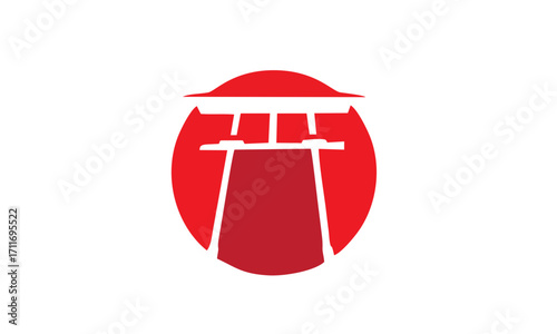 A minimalist red torii gate, a traditional Japanese Shinto shrine entrance, set against a bold red sun circle, symbolizing Japan's culture and heritage