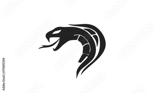 A fierce black cobra head logo in a striking pose, a stylized vector illustration of a venomous snake representing danger, power, and aggression