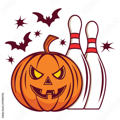 Spooky halloween pumpkin with a carved face and glowing eyes stands next to two bowling pins with bats flying around