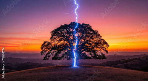 Solitary oak tree on a hill struck by lightning at sunset. Dramatic landscape with a powerful thunderstorm and a colorful sky. Concept of power, nature, energy, and resilience.