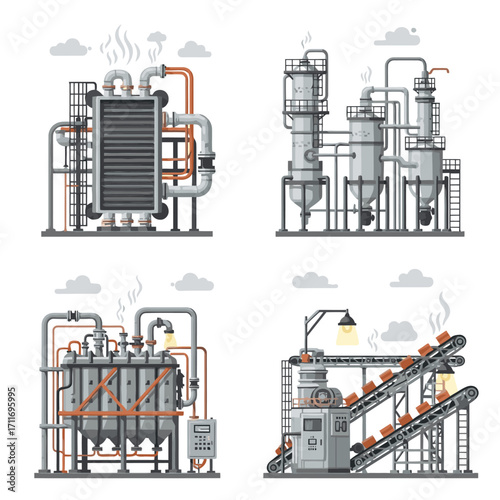 Industrial plant machinery and processing equipment set for modern manufacturing and production processes