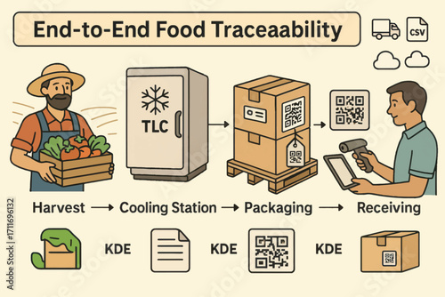 Vector illustration of food traceability process from harvest to receiving using QR codes and digital scanning for supply chain tracking.