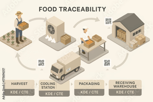 Vector supply chain infographic for food traceability showing each process stage with packaging, cooling, transport, and warehouse icons.
