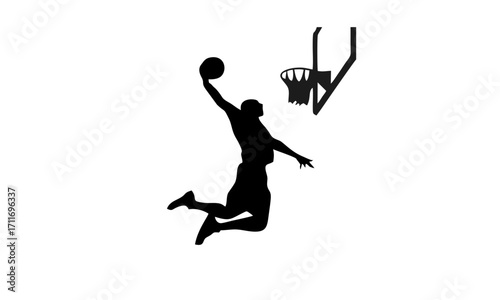 Dynamic silhouette of a basketball player executing a powerful slam dunk, capturing the athleticism and intense action of the sport in a minimalist graphic design