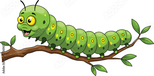 Cartoon green caterpillar crawling on tree branch, cute insect illustration, colorful bug character with big eyes, happy animal design for children