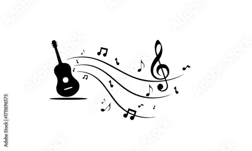 Melody flowing from a guitar with musical notes creating a harmonious visual representation of music