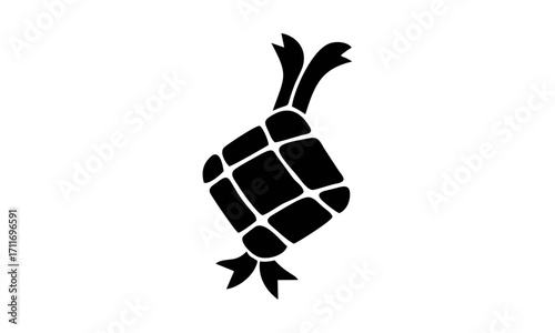Black and white geometric diamond-shaped ketupat illustration with ribbon details
