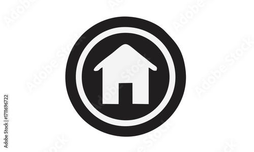 A simple black and white icon representing a house within a circle, symbolizing home, residence, or property