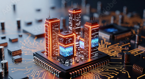 Futuristic smart city with glowing skyscrapers on a computer processor. Concept of digital infrastructure, the metaverse, and advanced urban technology on a circuit board.