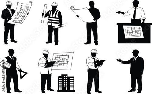 Architecture and construction silhouette set, black-and-white, professionals with blueprints, tools, podium, vector, isolated building design bundle