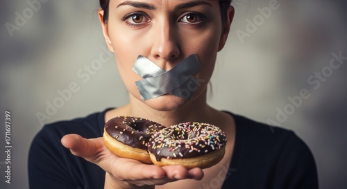 Woman with taped mouth holding tempting donuts, symbolizing food cravings and restriction.