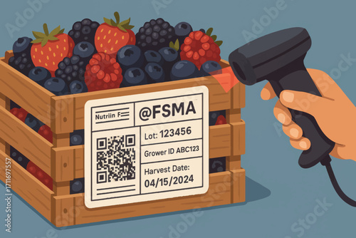 Vector illustration of QR code scanning on fruit crate label, showcasing traceability, logistics and modern packaging system.