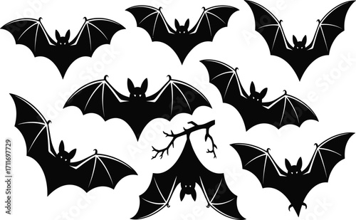 Bat silhouette set, black, flying bats, hanging bat, Halloween theme, gothic style, vector, isolated, nocturnal animal bundle