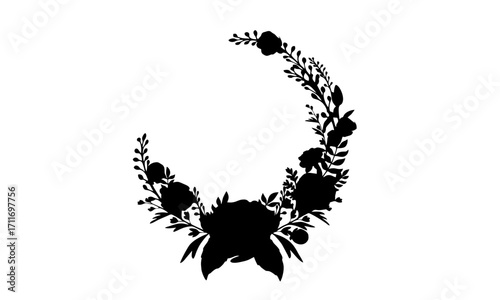 Elegant black floral crescent moon silhouette design. A decorative botanical arrangement shaped like a new moon, symbolizing nature's beauty and nocturnal charm within a minimalist art style